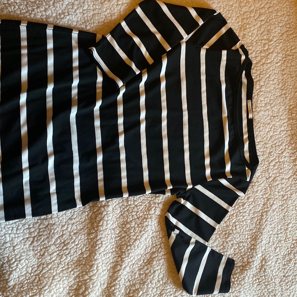 Maitai 3/4 sleeve shirt dress, black & white stripes